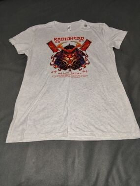 Source Unknown White Tee with Red, Orange and Blue Samurai Cat Graphic